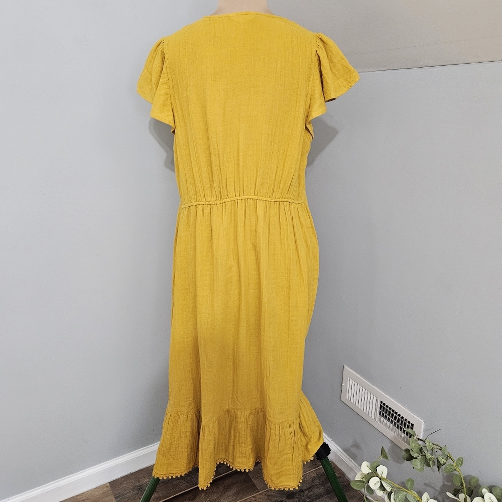 Mustard Yellow Maxi Dress XXL Boho Flutter Prairie Cottagecore Boho Cotton Gauze - Picture 3 of 11